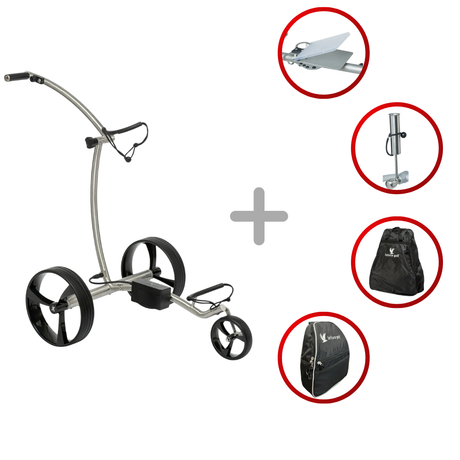 Leisure Golf Ikarus Curve 2.0 2025 Golftrolley Elektrisch Leisure Golf Edelstahl geschliffen Hellblau