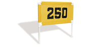 Gelb-schwarzer Range-Banner mit der Zahl 250, rechteckig, für Driving Range, auf weißem Gestell.