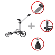 Silberner Flat Cat GO Li-Fe 27 Loch Golftrolley mit drei Rädern und verstellbarem Griff.
