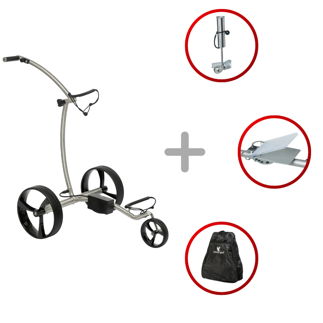 Leisure Golf Ikarus Curve 2.0 2025 Golftrolley Elektrisch Leisure Golf Edelstahl geschliffen Hellblau