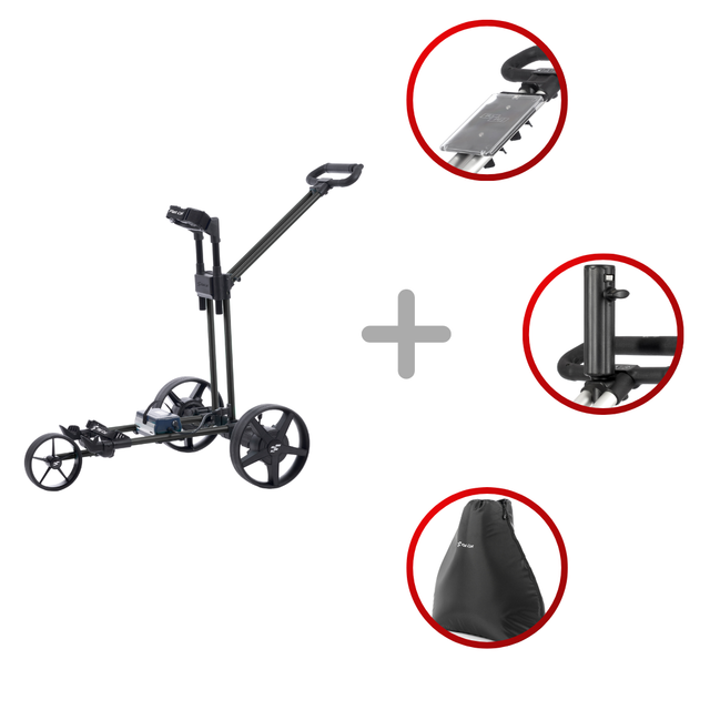 Schwarzer elektrischer Golftrolley Flat Cat Touch 2025 mit drei Detailansichten zu Halterung, Steuerung und Abdeckung.