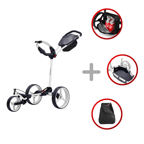 Weißer 3-Rad Golf-Trolley Big Max Blade Trio mit stabilen Rädern und praktischem Zubehörpack.