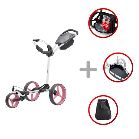 Weiß-rosa-grauer 3-Rad-Golftrolley mit praktischem Zubehörset inklusive Getränkehalter und Tragetasche.