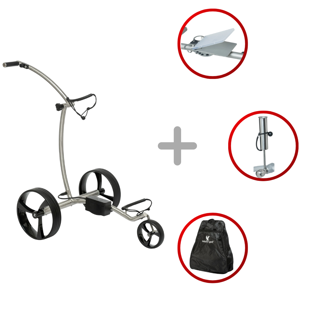Leisure Golf Ikarus Curve 2.0 2025 Golftrolley Elektrisch Leisure Golf Edelstahl geschliffen Hellblau