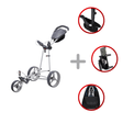 Grauer Big Max Autofold X2 3-Rad-Golftrolley mit Zubehör und klappbarem Gestell.