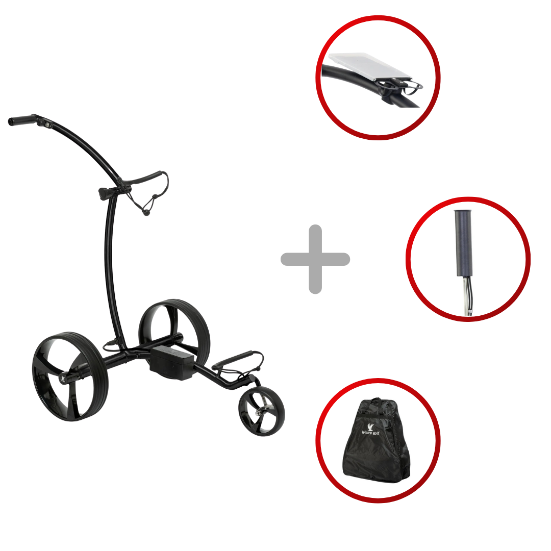 Leisure Golf Ikarus Curve 2.0 2025 Golftrolley Elektrisch Leisure Golf Schwarz-Matt gepulvert Hellblau