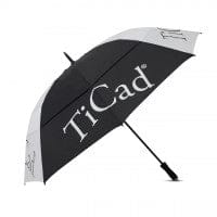 Schwarz-silberner TiCad Golfschirm mit großem Ø 130 mm und TiCad-Logo auf dem Dach.