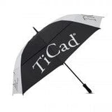 Schwarz-silberner TiCad Golfschirm mit großem Ø 130 mm und TiCad-Logo auf dem Dach.
