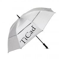 Schwarzer TiCad Golfschirm mit großem weißem Schirm und schwarzem TiCad-Logo.