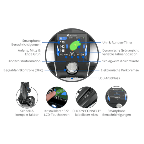 Motocaddy M5 GPS DHC Ultra Lithium electric golf trolley with colour touchscreen and 36-hole battery.