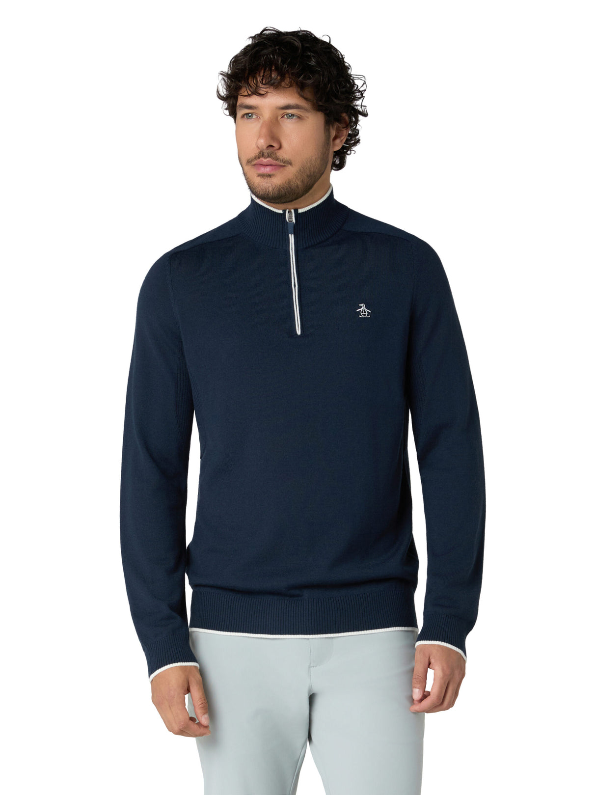Original Penguin Herren Heritage Mock-Neck Pullover Black Iris Xinao Hthr
