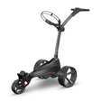 Schwarz-grauer Elektro-Golftrolley mit drei Rädern und klappbarem Griff, modernes Design.