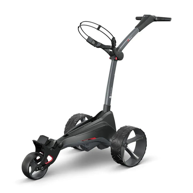 Schwarz-grauer Elektro-Golftrolley mit drei Rädern und klappbarem Griff, modernes Design.