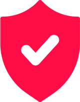 Rotes Schild mit schwarzem Häkchen in der Mitte als Symbol für Sicherheit und Garantie.