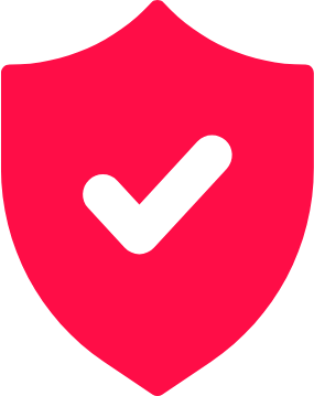 Rotes Schild mit schwarzem Häkchen in der Mitte als Symbol für Sicherheit und Garantie.