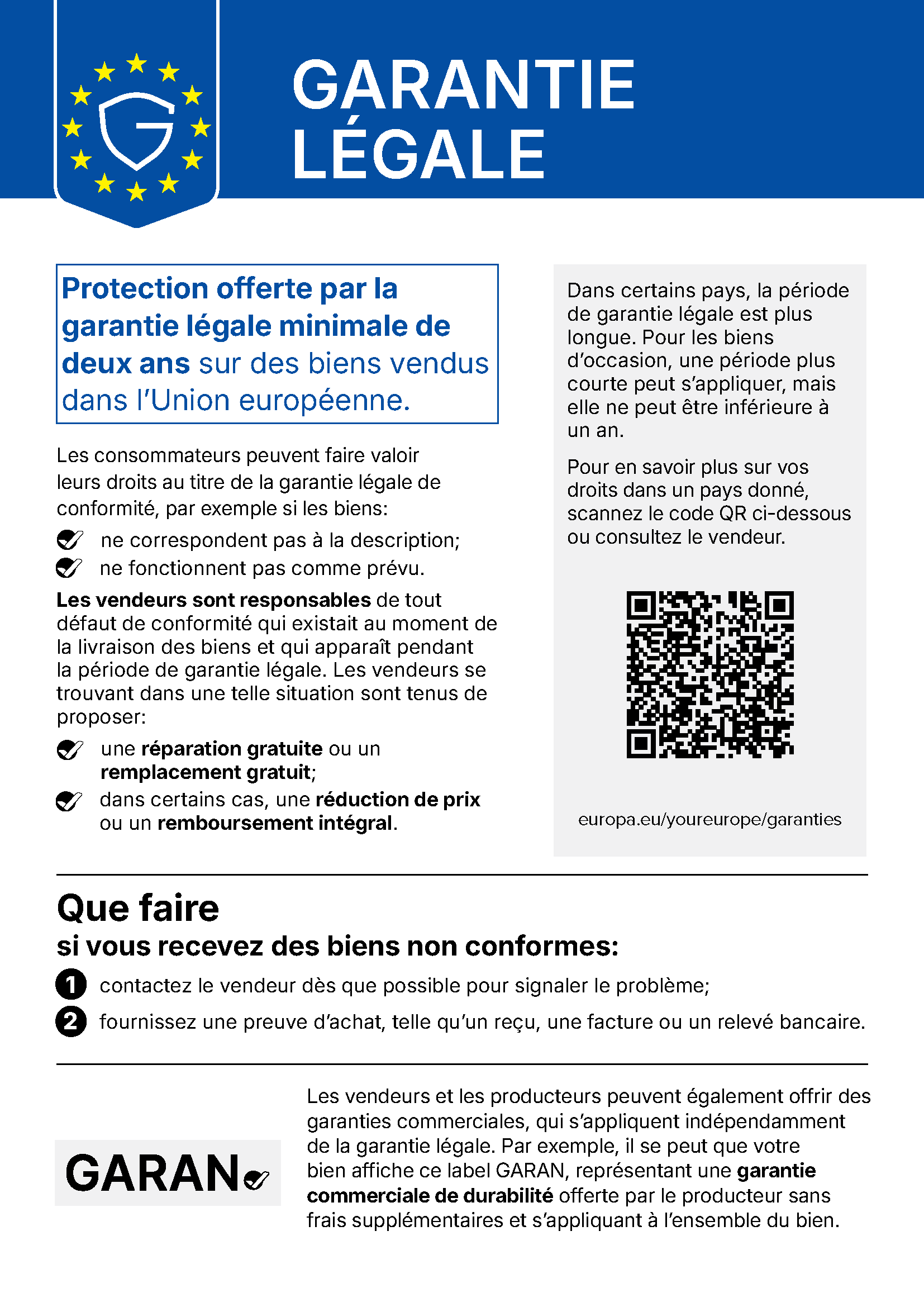 Avis officiel de l’UE sur la garantie légale de conformité